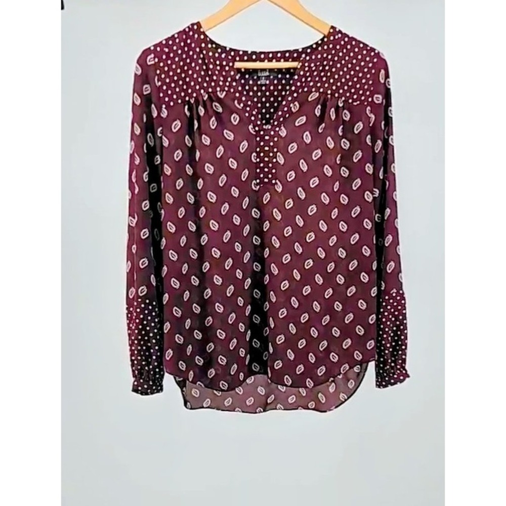 NYDJ Los Angeles Womens Small Burgundy Polka Dot Leaf Print V-Neck Blouse Top
